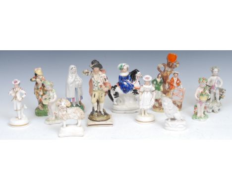 An 18th century Staffordshire pottery figure of a harlequin, after a Meissen model by Kaendler, 13cm high; other late 18th/ea