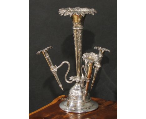 An Edwardian silver table centrepiece epergne, central trumpet shaped flute above three smaller conforming, fruiting vine bor