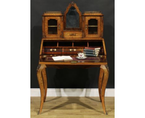 A Victorian Franglais gilt metal mounted walnut and marquetry bureau de dame, in the Louis XV taste, shaped superstructure ce