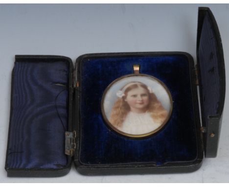 A portrait miniature on ivory, young girl with long ribbon tied hair, blue velvet and satin lined caseIvory Submission refere