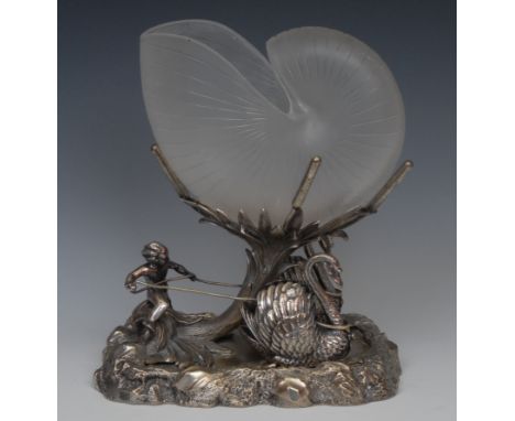 A Victorian E.P.N.S and frosted glass sculptural spoon warmer, as a nautilus shell supported on a bullrush chariot, drawn by 