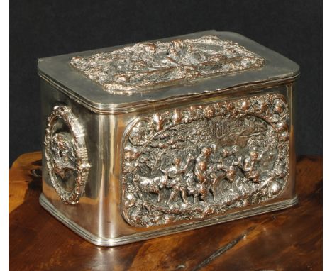 A 19th century elecrotype rounded rectangular tea caddy, cast in bold relief with panels of Bacchanalian reveller, putti and 