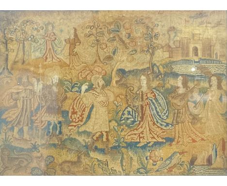 A Charles II needlework picture, worked in coloured threads and raised gilt braid with David playing the harp for Saul, 36.5c