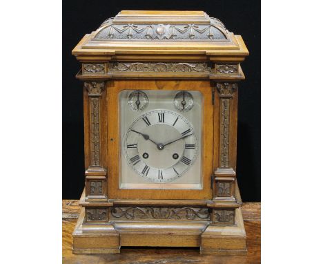 A 19th century walnut bracket clock, 13.5cm silvered dial with Roman numerals, Chime/Silent and Slow/Fast dials to arch, twin