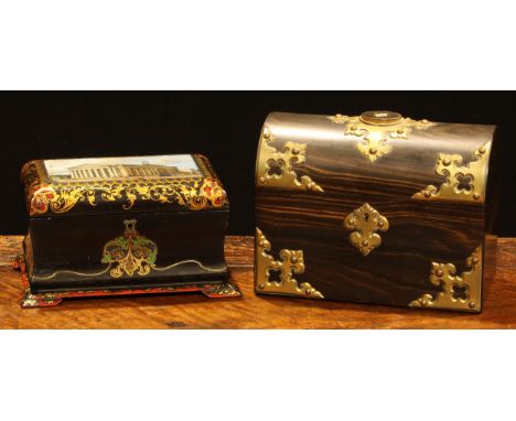 A Victorian papier-mâché bombe shaped tea caddy, hinged cover decorated with a named view of the Royal Exchange, enclosing a 