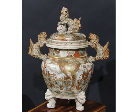A large Japanese Satsuma koro and cover, gilt and painted in the typical palette, temple lion finial and handles, 64cm high, 