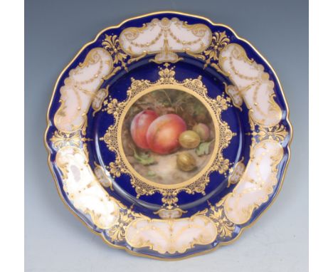 A Royal Worcester shaped circular plate, painted by Richard Sebright, signed, with ripe peaches and gooseberries on mossy ban
