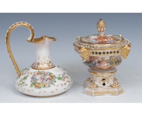 A Derby pot pourri and cover, painted with figures and ruins in a Picturesque landscape, pine cone finial, lion paw feet, can
