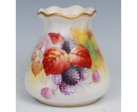 A Royal Worcester ovoid vase, pie crust rim, painted by Kitty Blake, signed, with ripe blackberries and autumn leaves, 8.5cm 