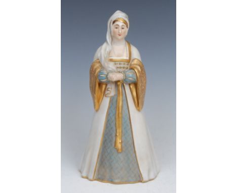 A Royal Worcester figure, Anne Boleyn, decorated in flesh tones, pale blue and gilt, 21.5cm high, printed crown and circle ma