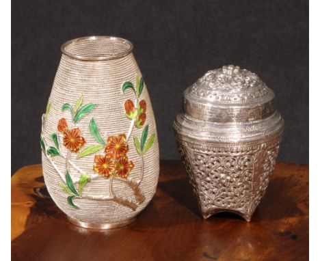 A Japanese silver filigree coil ovoid vase, applied with polychrome enamel flowers and foliage in tones of red and green, mar