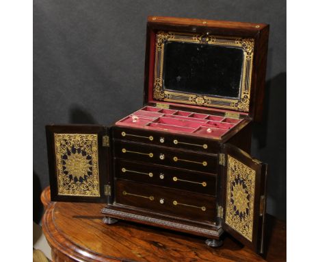 A William IV rosewood and mother-of-pearl marquetry table-top work cabinet, hinged top enclosing a compartmented interior, ab