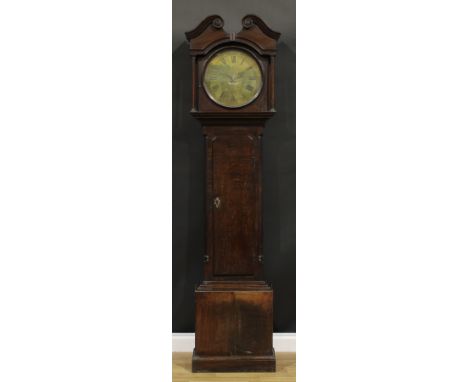 A George III oak longcase clock, 33cm circular brass dial inscribed Thos Stacy, Farnsfield, Roman and subsidiary Arabic numer