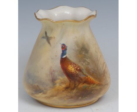 A Royal Worcester ovoid vase, pie crust rim, painted by Jas. Stinton, signed, with pheasants on a mossy ground, 8.5cm high, p