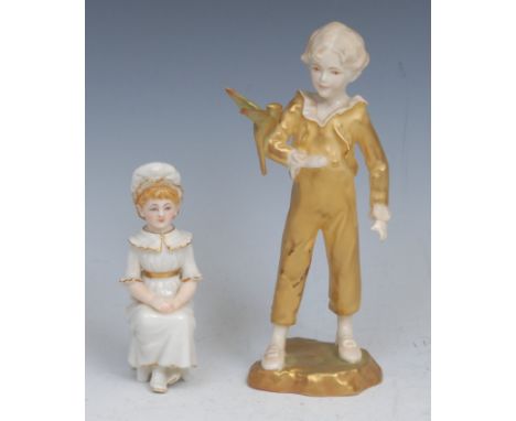 Royal Worcester figure, after James Hadley, of a girl, on a chair, she with hands on her knee, in flesh tones and gilt, 10cm 