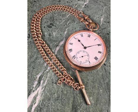A 9ct gold open face pocket watch, white enamel dial, Roman numerals, subsidiary seconds dial at the 6th hour, top wind, 9ct&