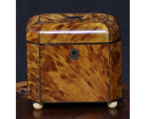 A George III tortoiseshell canted rectangular tea caddy, hinged cover enclosing a pair of lidded compartments, outlined throu