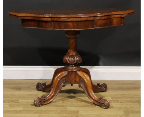 A Victorian walnut serpentine card table, hinged top, turned column, cabriole legs, 69cm high, 103cm wide, 43cm deep, c.1880 