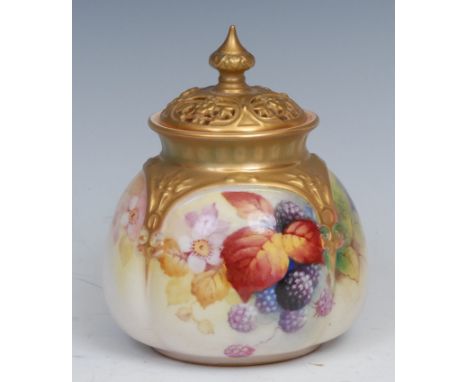 A Royal Worcester lobed ovoid pot pourri vase and cover, painted by Kitty Blake, signed, with ripe blackberries, pierced dome