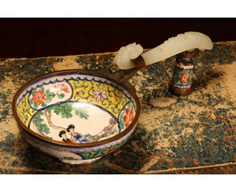 A Chinese jade mounted Cantonese enamel bowl, the telescopic handle formed from a belt buckle, carved in the Archaic taste, t