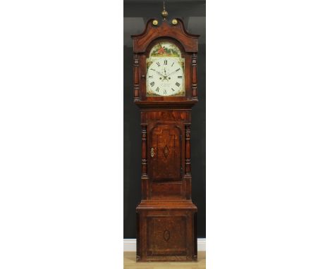 A George III West Midlands oak, mahogany and marquetry longcase clock, 36cm arched painted dial inscribed John Hackett, Great