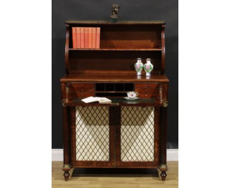 A Regency gilt metal mounted mahogany secretaire chiffonier, rectangular superstructure with pierced brass three-quarter gall