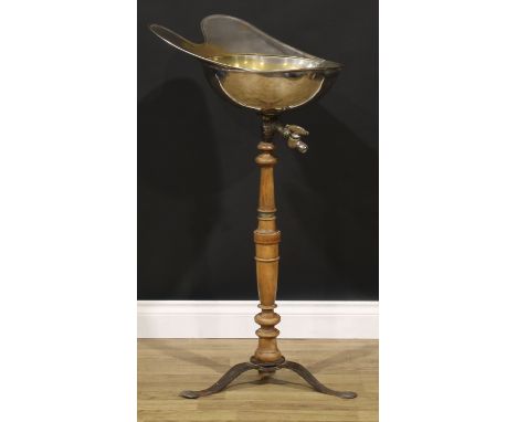 An early 20th century French beech, iron and silver plated hairdresser’s pedestal wash basin, 108cm high, 47cm wide, c.1910 