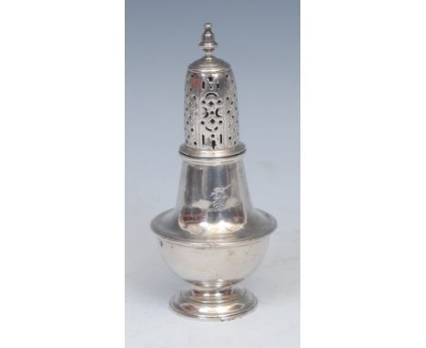 A George III Irish silver pear shaped pepper caster, knop finial, domed foot, 13cm high, probably William Bond, Dublin c.1785