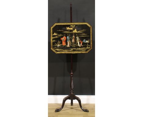 A 19th century mahogany pole screen, the later chinoiserie banner painted in the Chinese taste, spirally turned pillar, cabri