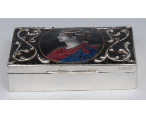 An interesting Victorian silver rectangular table snuff box, the hinged cover incorporating a section of Limoges enamel, poss