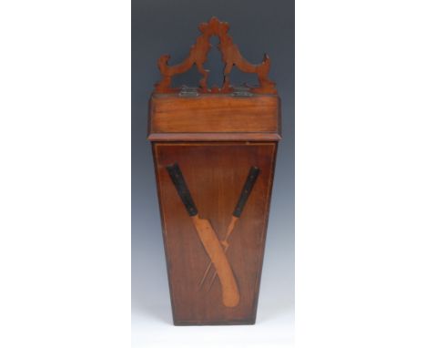 A George III mahogany knife box, shaped and pierced cresting, hinged sloping cover, the front inlaid with a knife and fork, o