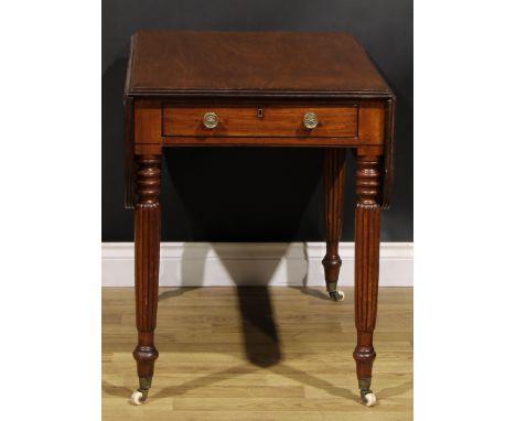 A Post-Regency mahogany Pembroke table, rounded rectangular top with fall leaves, above a frieze drawer, blind to verso, bras