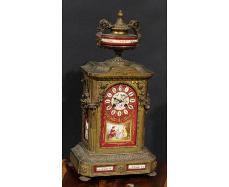 A 19th century French porcelain mounted gilt metal mantel clock, 11.5cm dial inscribed with Roman numerals and painted with n