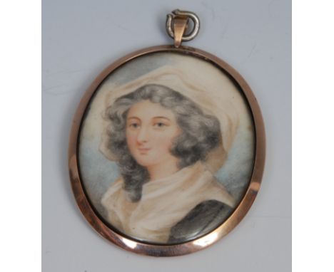 English School, 19th century, a portrait miniature, of a lady, head and shoulders, grey curly hair wearing a white bonnet, wa