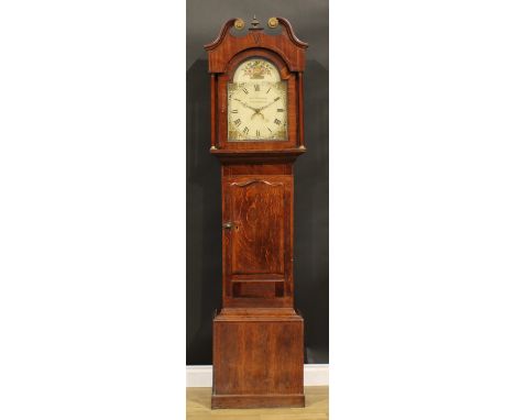 A George IV oak and mahogany longcase clock, 30.5cm arched dial inscribed Thos Hallam, Nottingham, Roman numerals, date apert