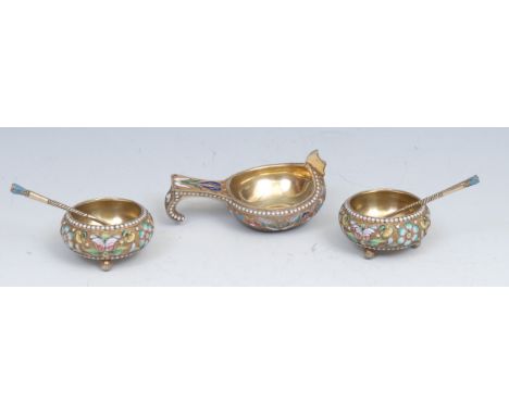 A Russian silver-gilt and cloisonne enamel kovsch, decorated in polychrome enamel with stylised flowers and leaves, outlined 