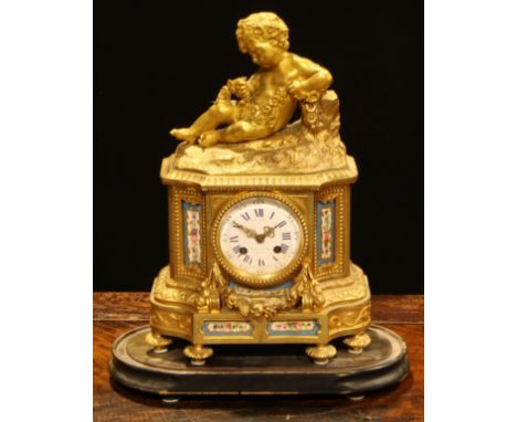 A 19th century French gilt brass mantel clock, Bleu Celeste panels, surmounted with a putto, white enamel dial, Roman numeral