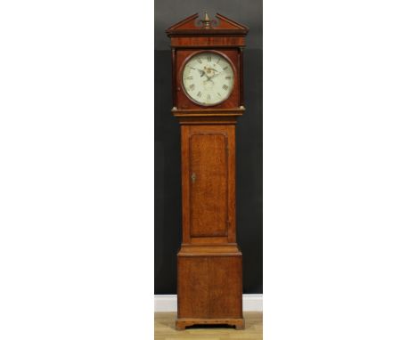 A George III oak and mahogany longcase clock, 33cm circular dial inscribed Wainwright, Nottingham, Roman and subsidiary Arabi