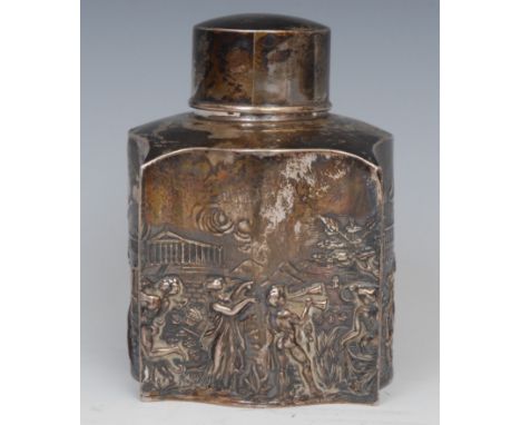 An Edwardian silver serpentine tea caddy, chased with a centaur and scenes from Antiquity, push-fitting cover, 10.5cm high, G