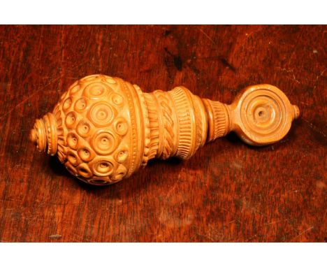 Nutcrackers - a 19th century boxwood screw-action nut cracker, heart shaped aperture, drilled and chip-carved decoration, 11c