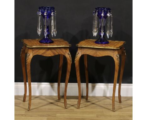 A pair of Louis XV Revival gilt metal mounted urn or lamp tables, parquetry top, French cabriole legs, 56.5cm high, 39cm wide