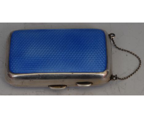 A George V silver and blue guilloche enamel rounded rectangular cigarette case, hinged cover, suspension chain, 8cm wide, Bir