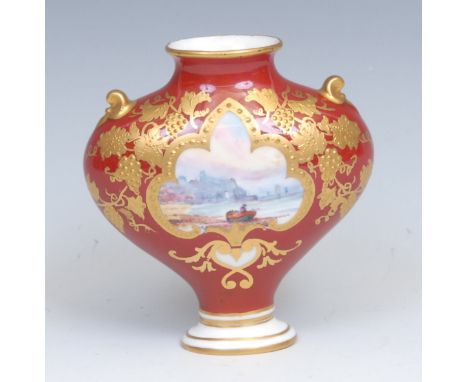 A Royal Crown Derby heart shaped specimen vase, painted with a seascape, decorated in gilt with fruiting vine on a crimson gr