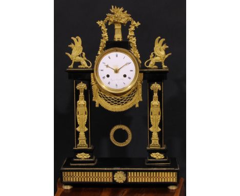 A French Empire ormolu mounted black marble portico clock, 10cm enamel dial inscribed Bayart Bger a St Omer, Roman numerals, 