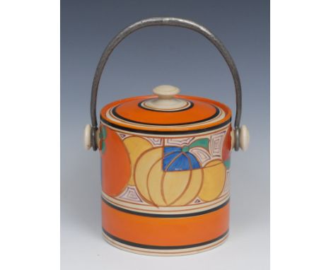 A Clarice Cliff Melon pattern biscuit barrel, orange ground, pewter swing handle, printed mark, 17cm high, c.1935 