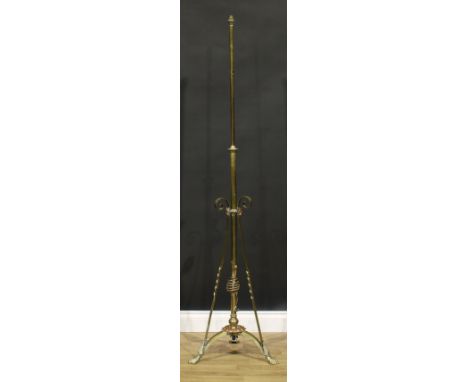 An early 20th century copper-accented brass telescopic floor lamp, 128.5cm raising to 169.5cm high under fitting 