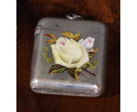 A Victorian silver and enamel vesta case, decorated with yellow and white roses, hinged cover, striker to base, 4.5cm long, C