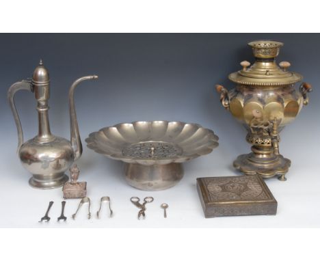 A Middle Eastern silver plated samovar, probably Iranian, shaped circular base, 39cm high; an Islamic  rosewater dish and ewe