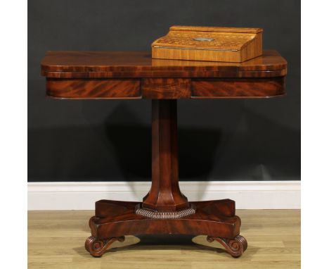 A George/William IV mahogany card table, hinged top, spreading column, reeded socle, scroll feet, 72.5cm high, 91cm wide, 45.