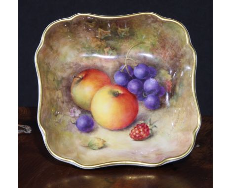 A Royal Worcester shaped square dish, painted by Richard Sebright, signed, with ripe fruit on a mossy bank, 12cm wide, printe